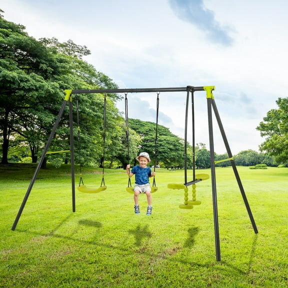 Aukfa Swing Sets for Backyard, 3 in 1 Playset, Heavy-Duty Metal Frame with Adjustable Belt Swings and Swing Glider for Boy Girl Gift 3 to 8 Years