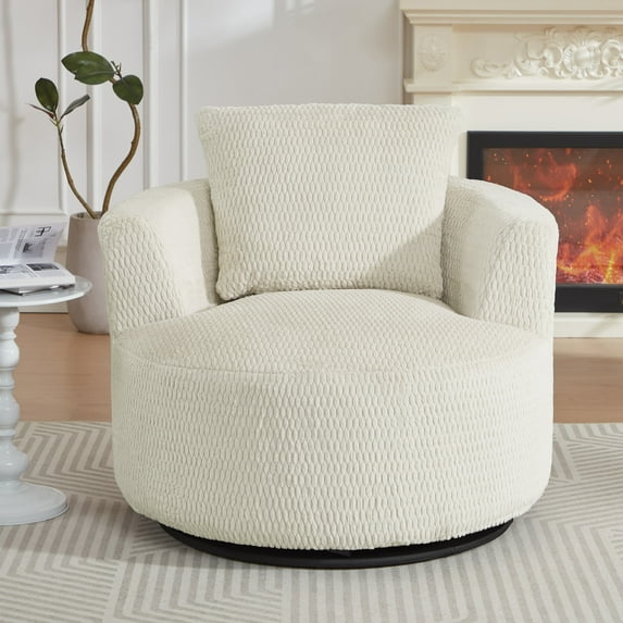 Aukfa Swivel Accent Chair - Modern Upholstered Faux Fur Arm Chair with Plump Back Pillow for Living Room,Office,Apartment,Cream