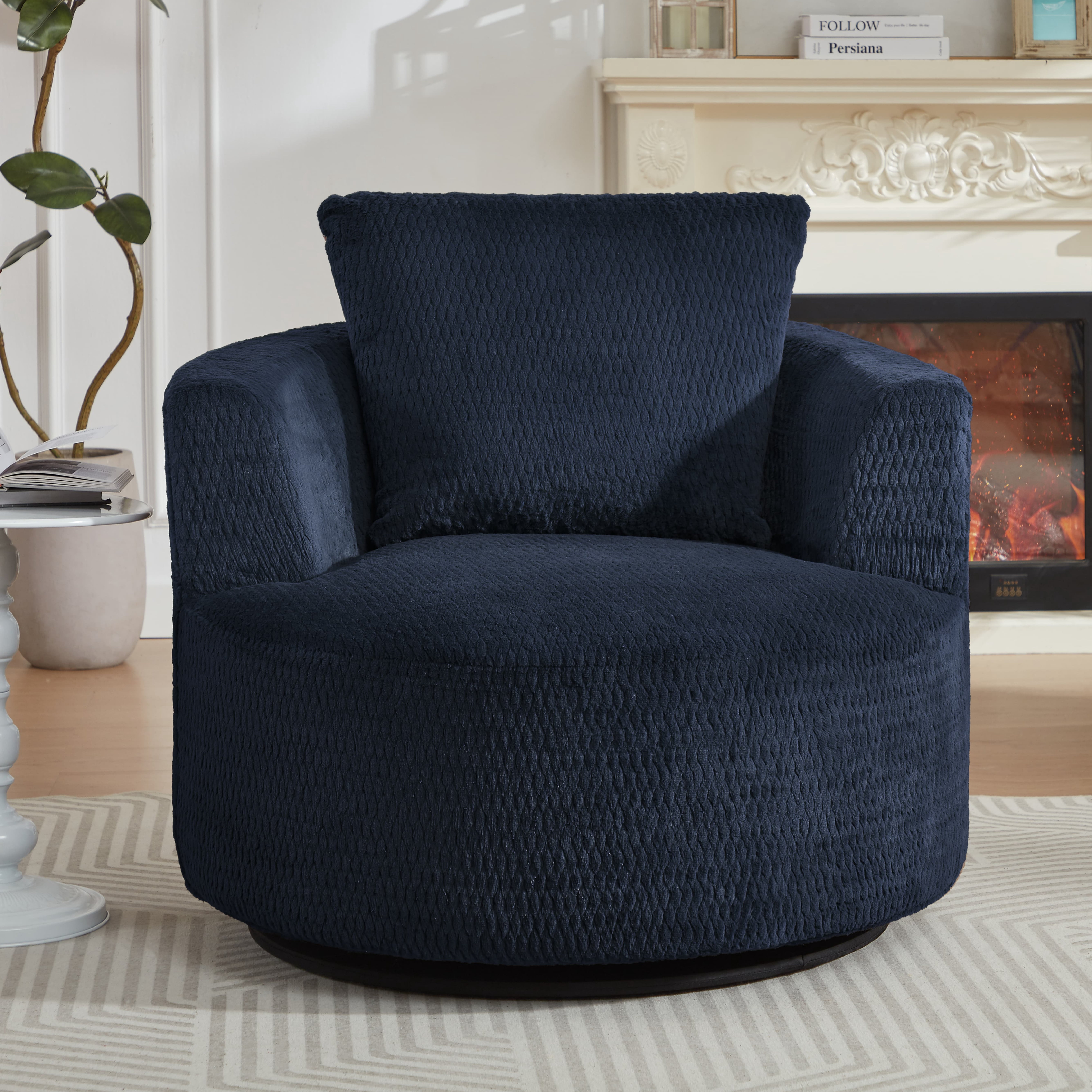 Aukfa Swivel Accent Chair - Modern Upholstered Faux Fur Arm Chair with Plump Back Pillow for Living Room,Office,Apartment,Dark Blue