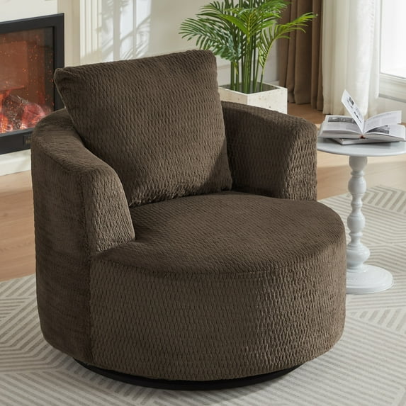 Aukfa Swivel Accent Chair - Modern Upholstered Faux Fur Arm Chair with Plump Back Pillow for Living Room,Office,Apartment,Dark Brown