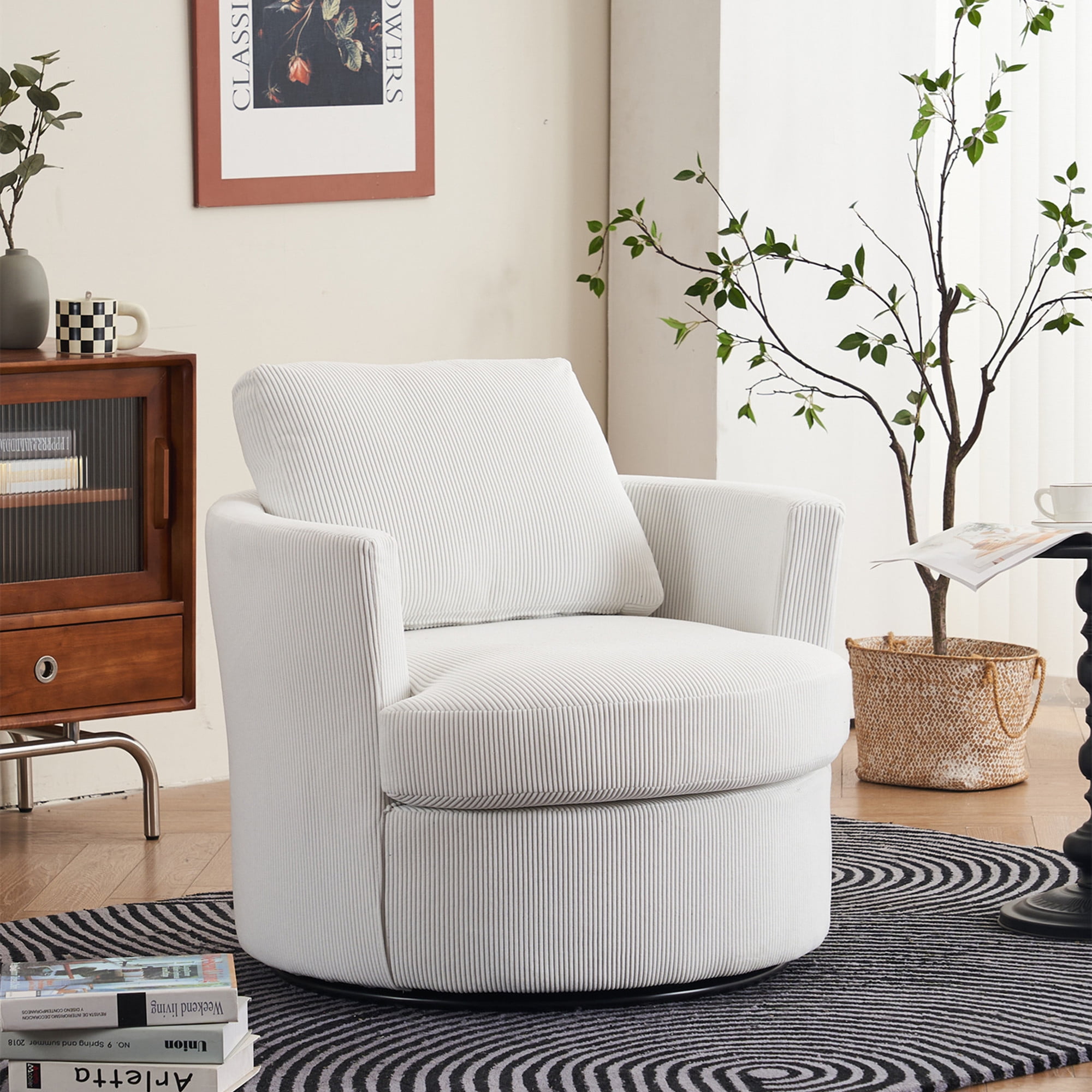 Aukfa Swivel Accent Chair Read Chair with Lumber Pillow for Living Room Bedroom, Corduroy, Beige