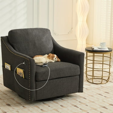Aukfa Swivel Accent Chair w/ USB Charger for Living Room, Read Chair, Nail Head Trim, Linen, Gray