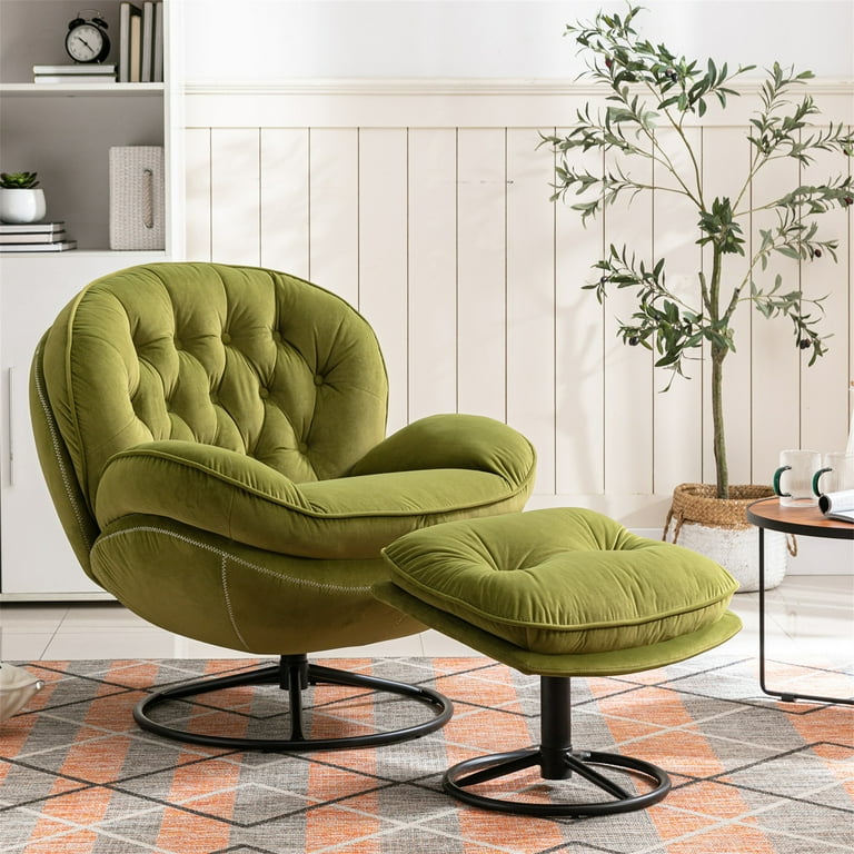 Aukfa Swivel Accent Chair with Ottoman Tufted Back Modern Velvet Recliner Reading Chair for Living Room Fruit Green
