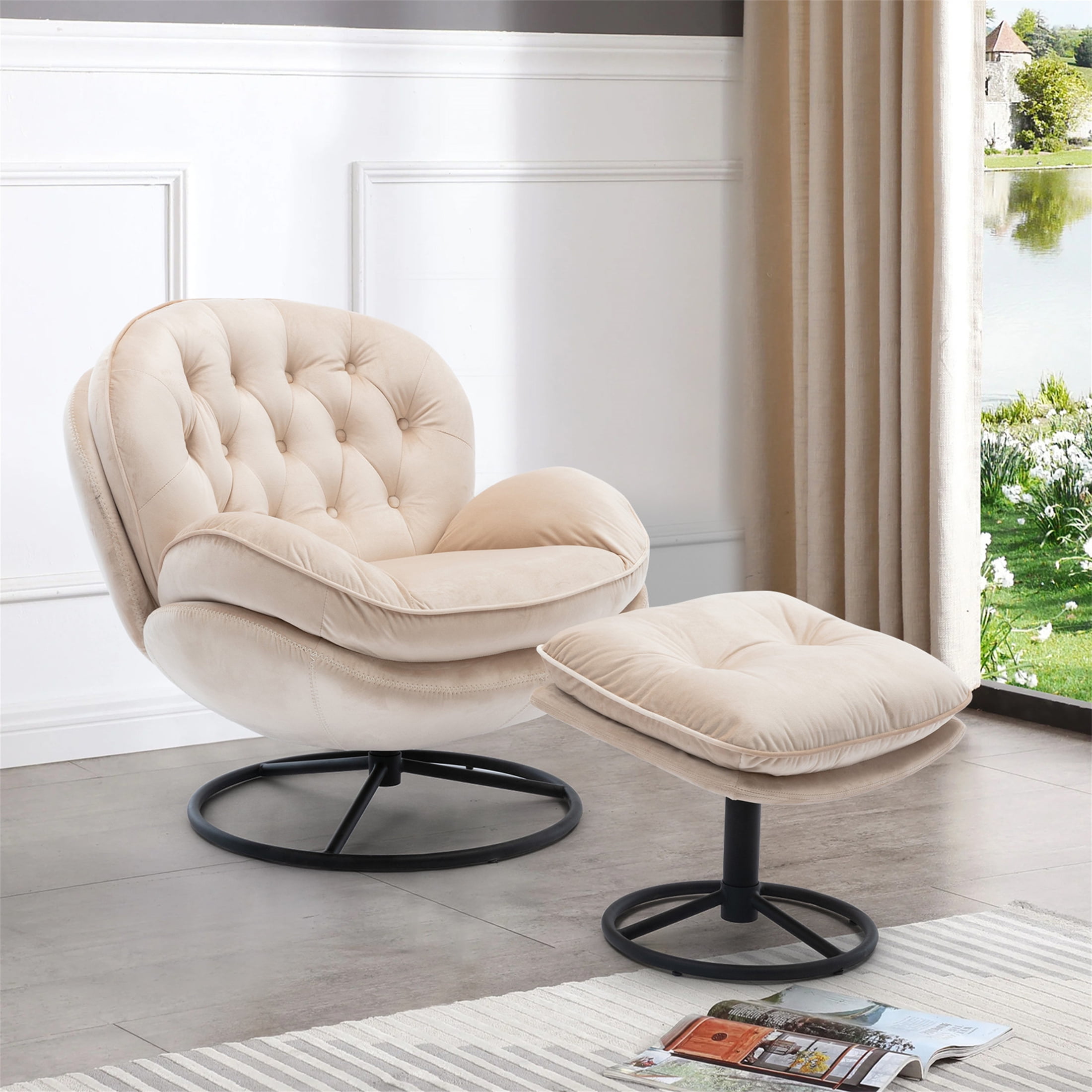 Aukfa Swivel Accent Chair with Ottoman- Tufted Back- Velvet Reading Chair - Beige