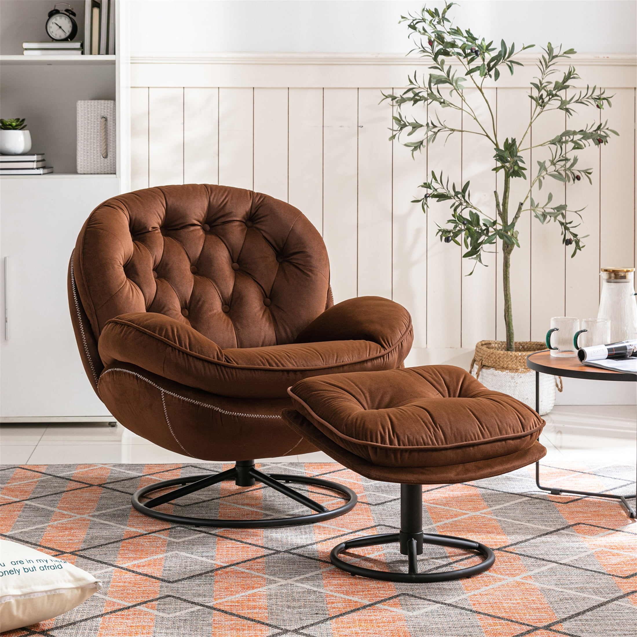 Aukfa Swivel Accent Chair with Ottoman Tufted Back Velvet Reading Chair Brown Size 31.73 inchw x 33.50 inchd x 33.78 H
