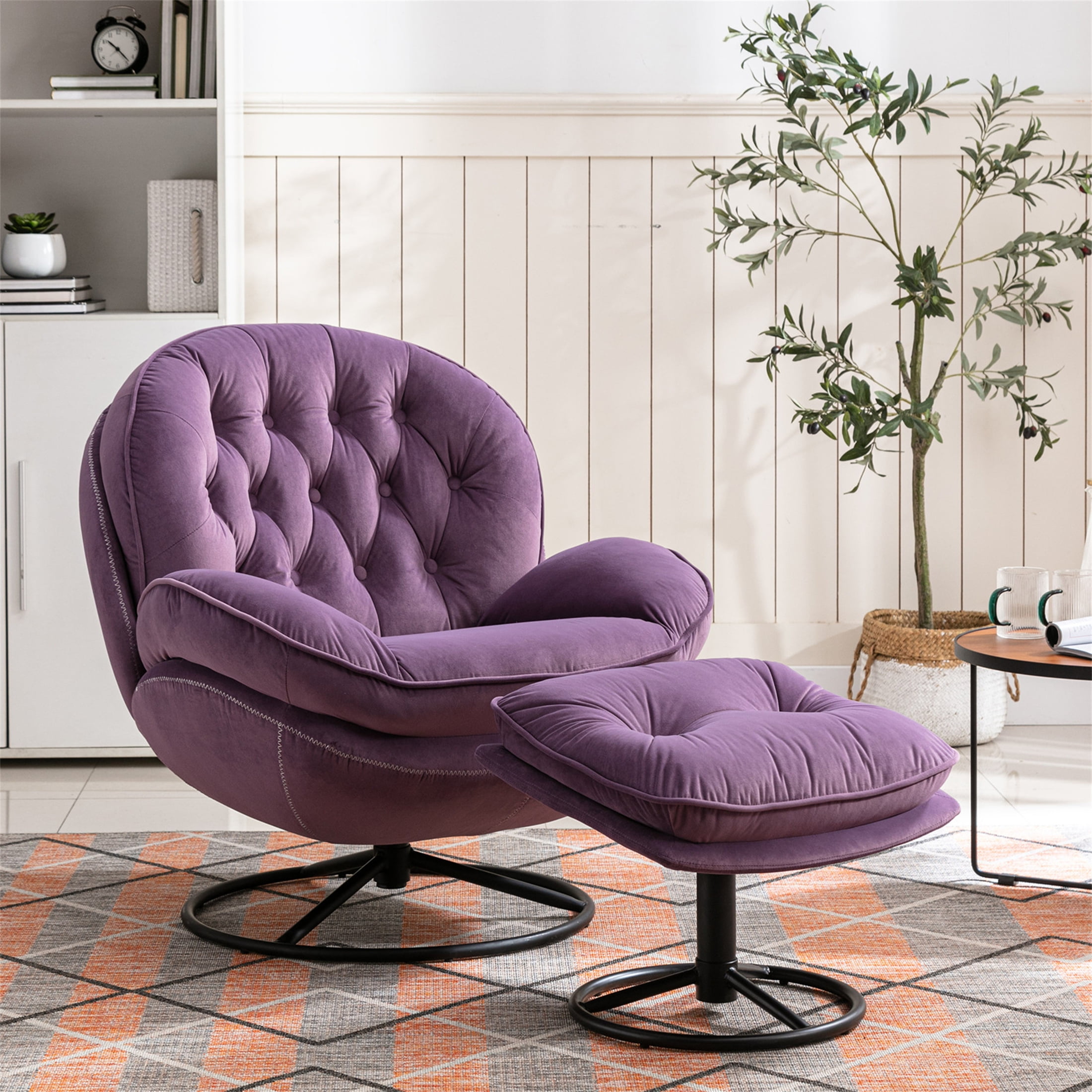 Aukfa Swivel Accent Chair with Ottoman Tufted Back Modern Velvet