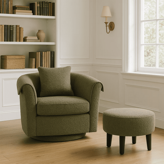 Aukfa Swivel Barrel Accent Chair with Ottoman, Upholstered Armchair Lounge Chair with Pillow & Armrest Covers,Green