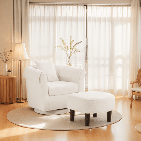 Aukfa Swivel Barrel Accent Chair with Ottoman, Upholstered Armchair Lounge Chair with Pillow & Armrest Covers,White