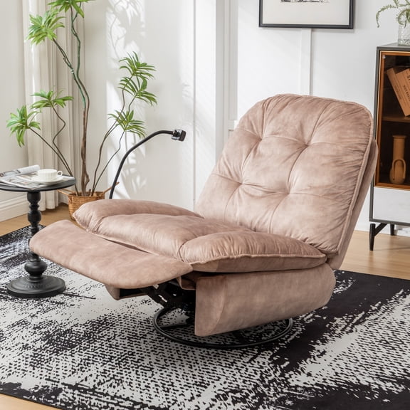 Aukfa Swivel Gliding Recliner Chair, Rocking Chair Lazy Chair W/ Mobile Phone Holder,Velvet,Light Brown