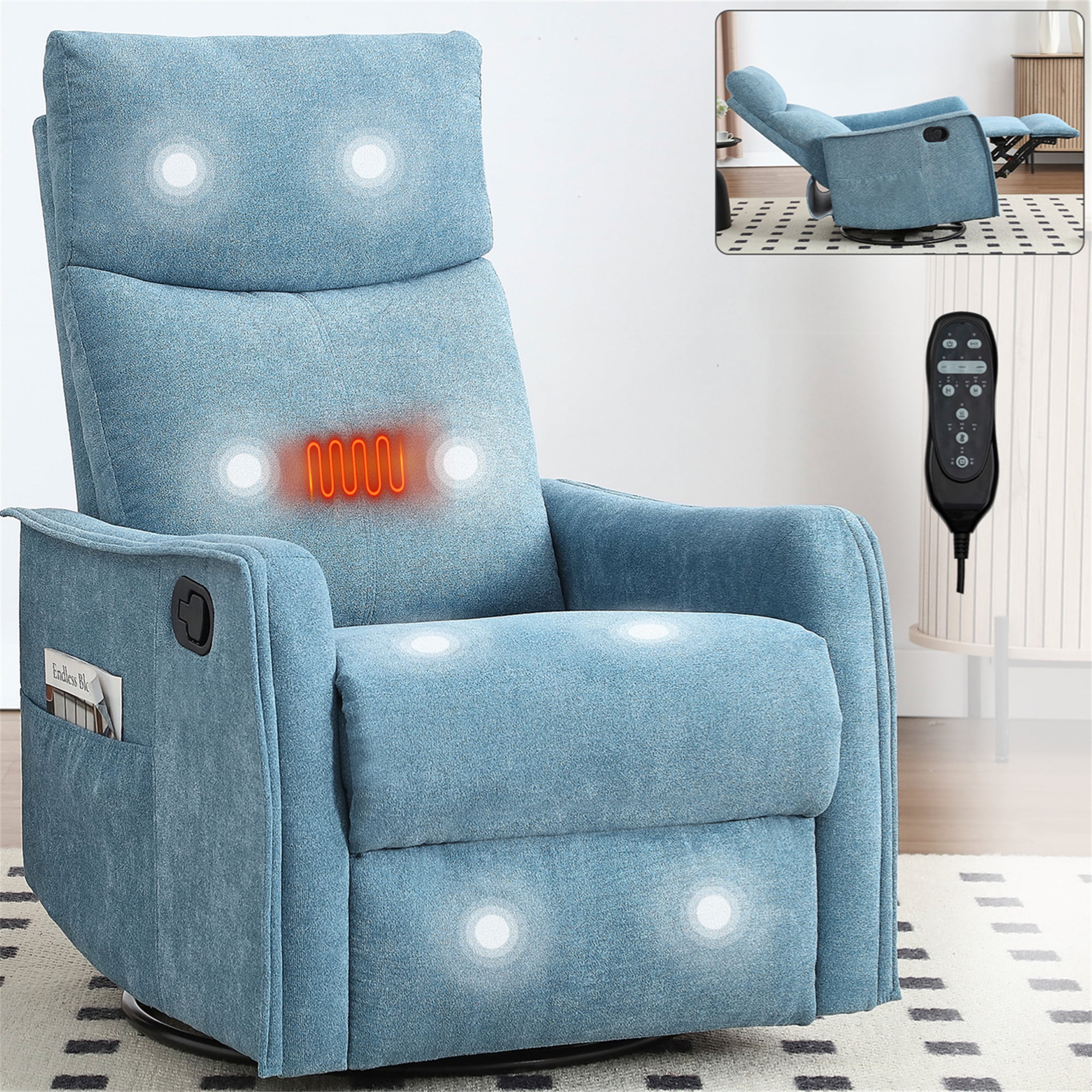 Aukfa Swivel Rocker Recliner Glider Chair with Heat & Massage for Adults, Living Room, Blue
