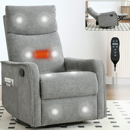 Aukfa Swivel Rocker Recliner Glider Chair with Heat & Massage for Adults, Living Room, Gray