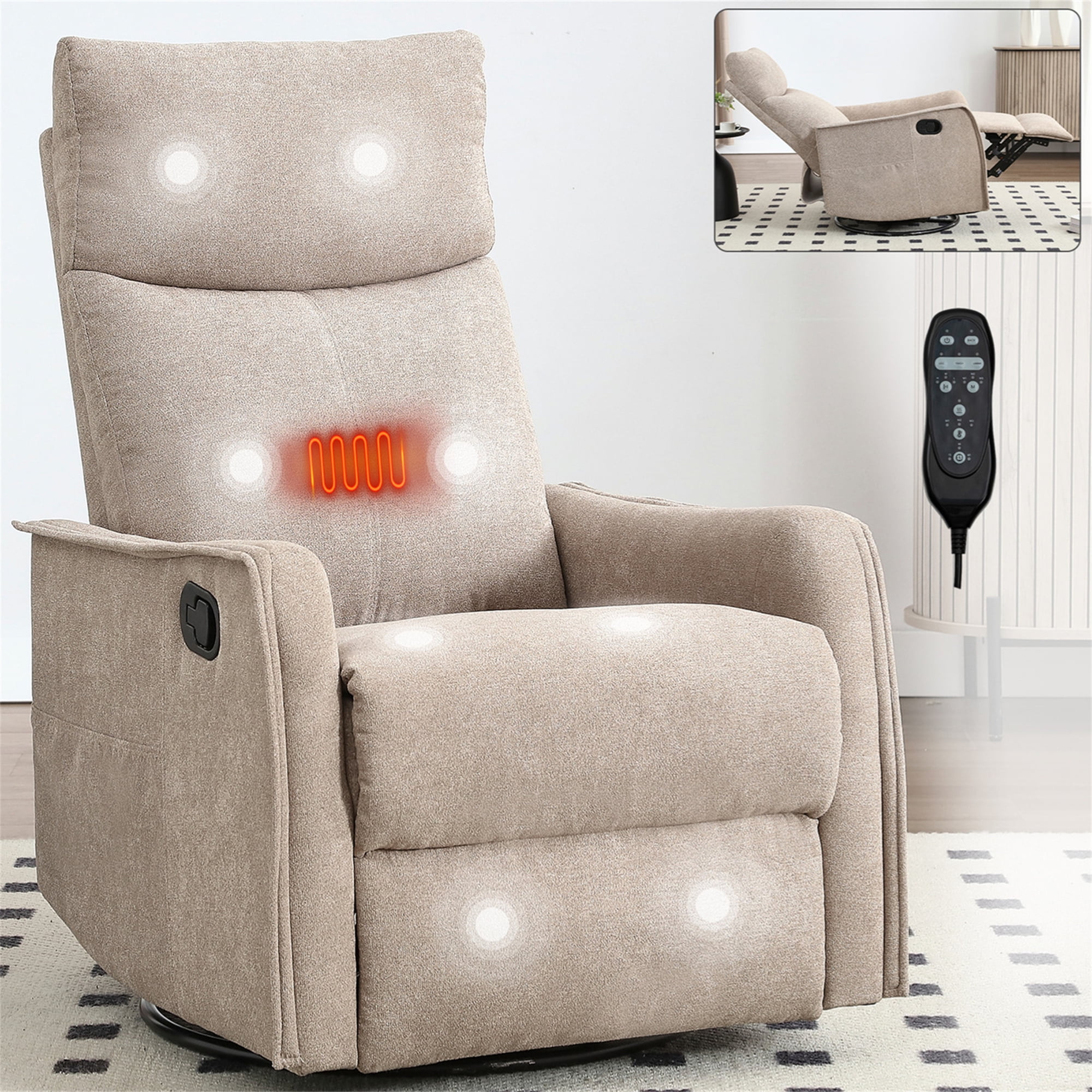 Aukfa Swivel Rocker Recliner Glider Chair with Heat & Massage for Adults, Living Room, Khaki