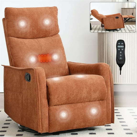 Aukfa Swivel Rocker Recliner Glider Chair with Heat & Massage for Adults, Living Room, Orange