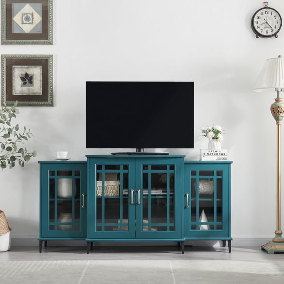 Aukfa TV Stand for TVs up to 62" - Storage Buffet Cabinet with Glass Door and Adjustable Shelves - Teal Blue