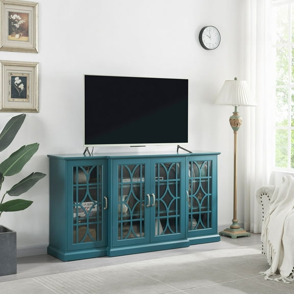 Aukfa TV Stand for TVs up to 63" - Storage Buffet Cabinet with Glass Door and Adjustable Shelves - Teal Blue