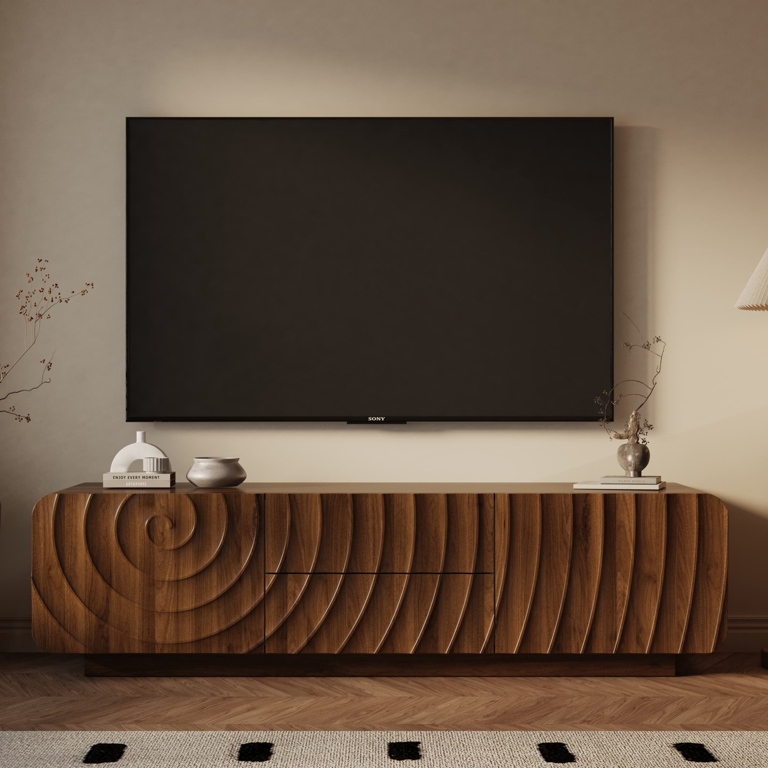 Aukfa TV Stand for TVs up to 65",Entertainment Center,3D Spiral Wave, Rounded Corners,Walnut