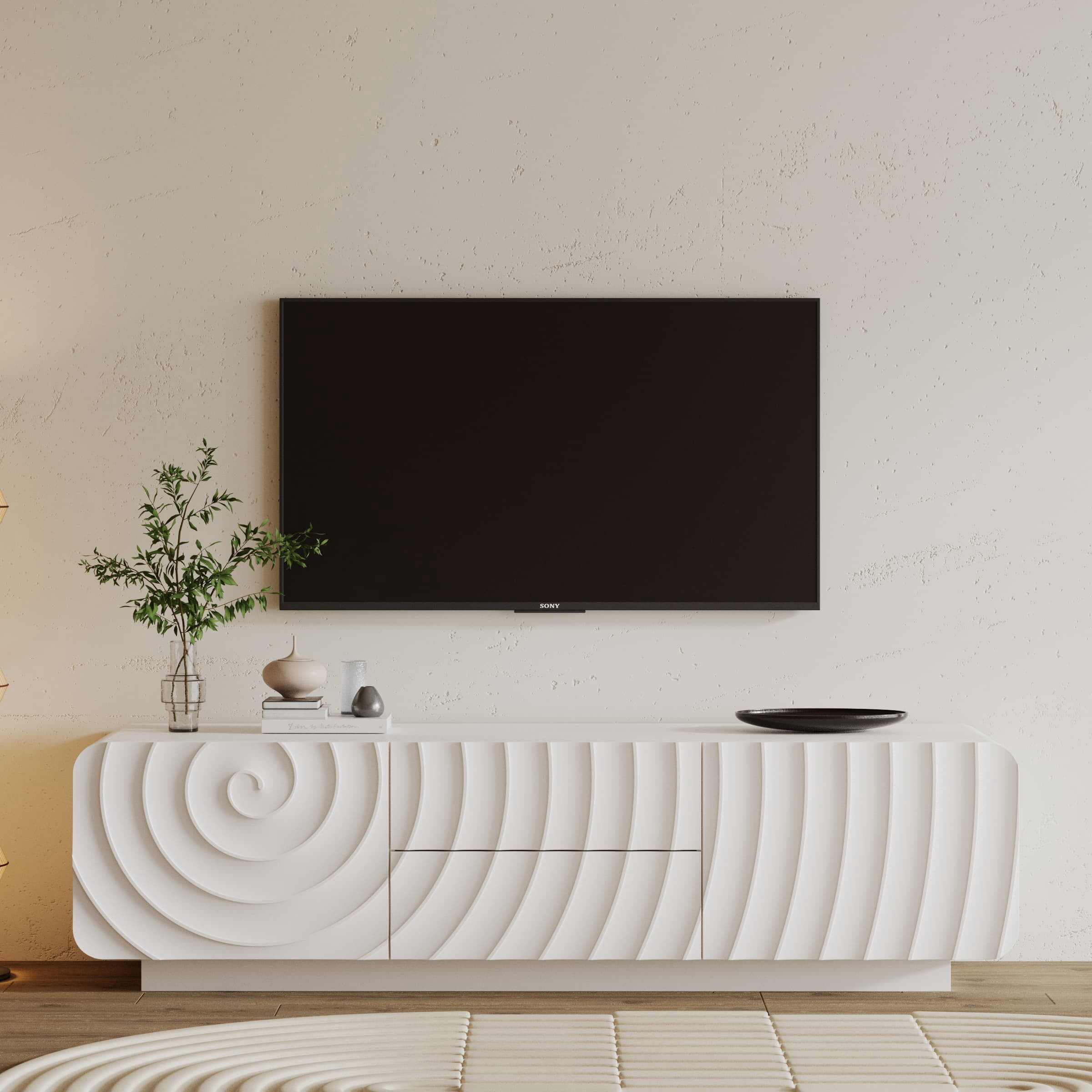 Aukfa TV Stand for TVs up to 65",Entertainment Center,3D Spiral Wave, Rounded Corners,White