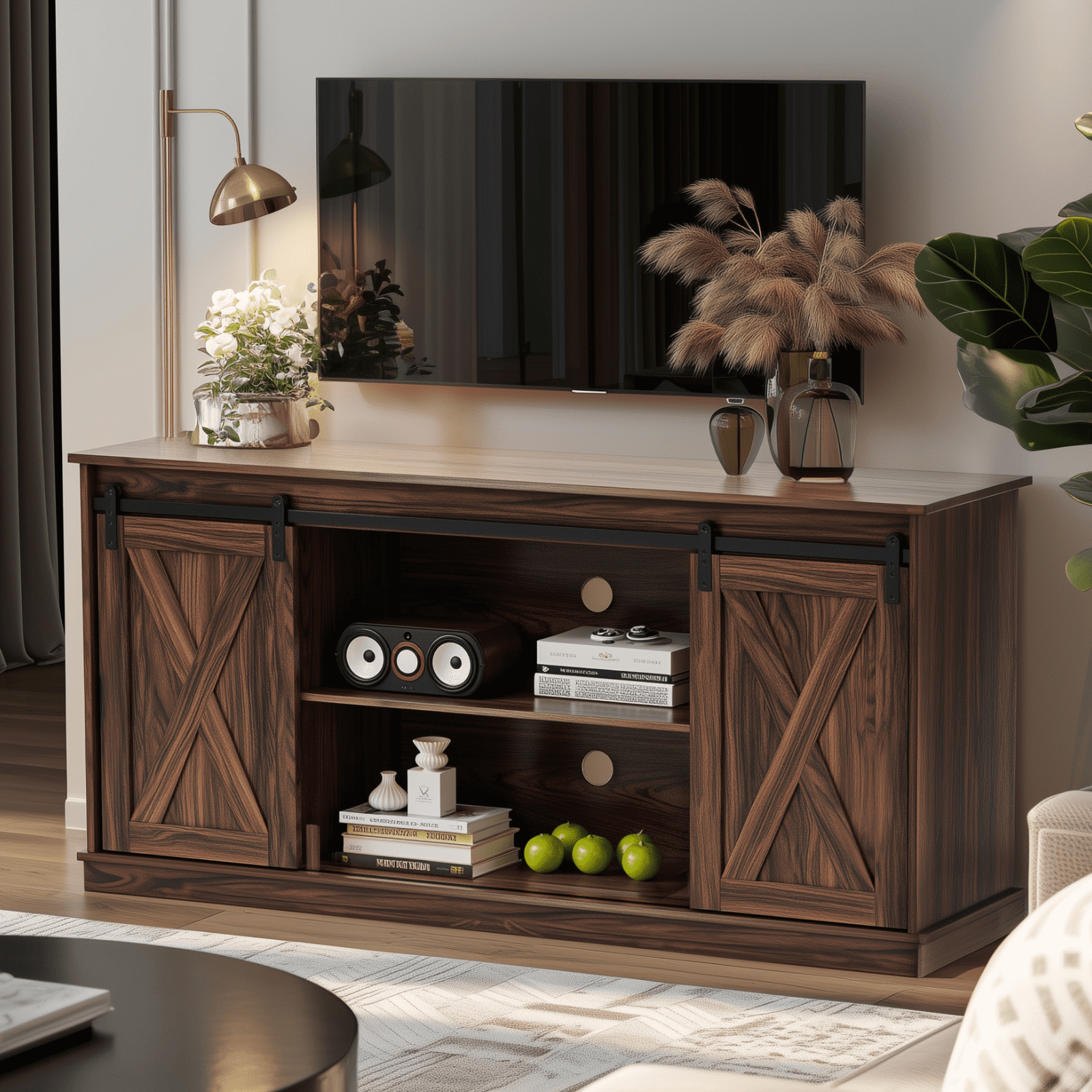 Aukfa TV Stand for TVs up to 65", Entertainment Center with Storage Cabinets and Sliding Barn Doors, for Living Room Bedroom,Walnut