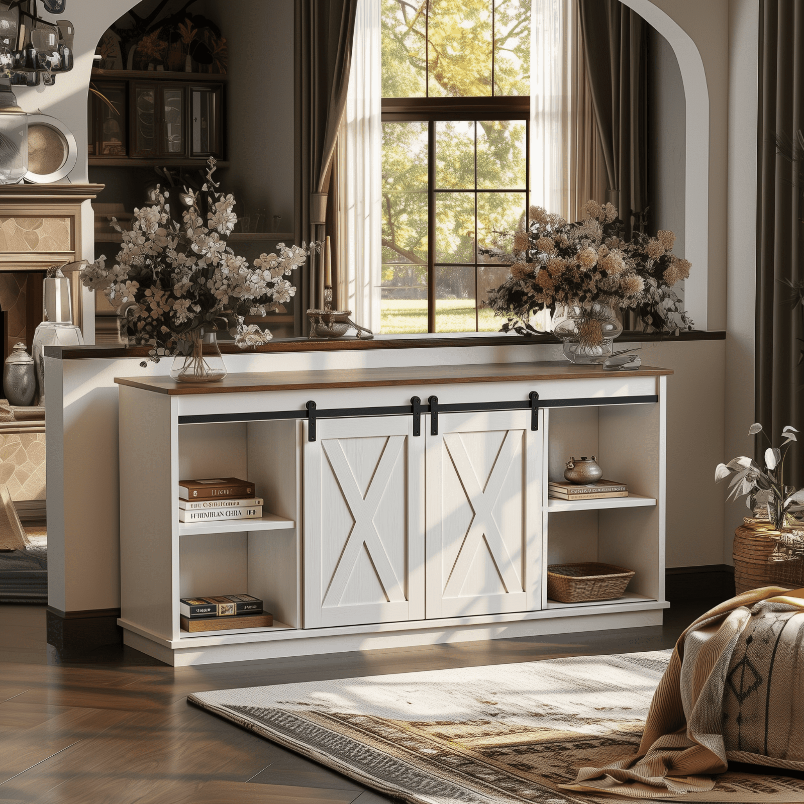 Aukfa TV Stand for TVs up to 65", Entertainment Center with Storage Cabinets and Sliding Barn Doors, for Living Room Bedroom,White