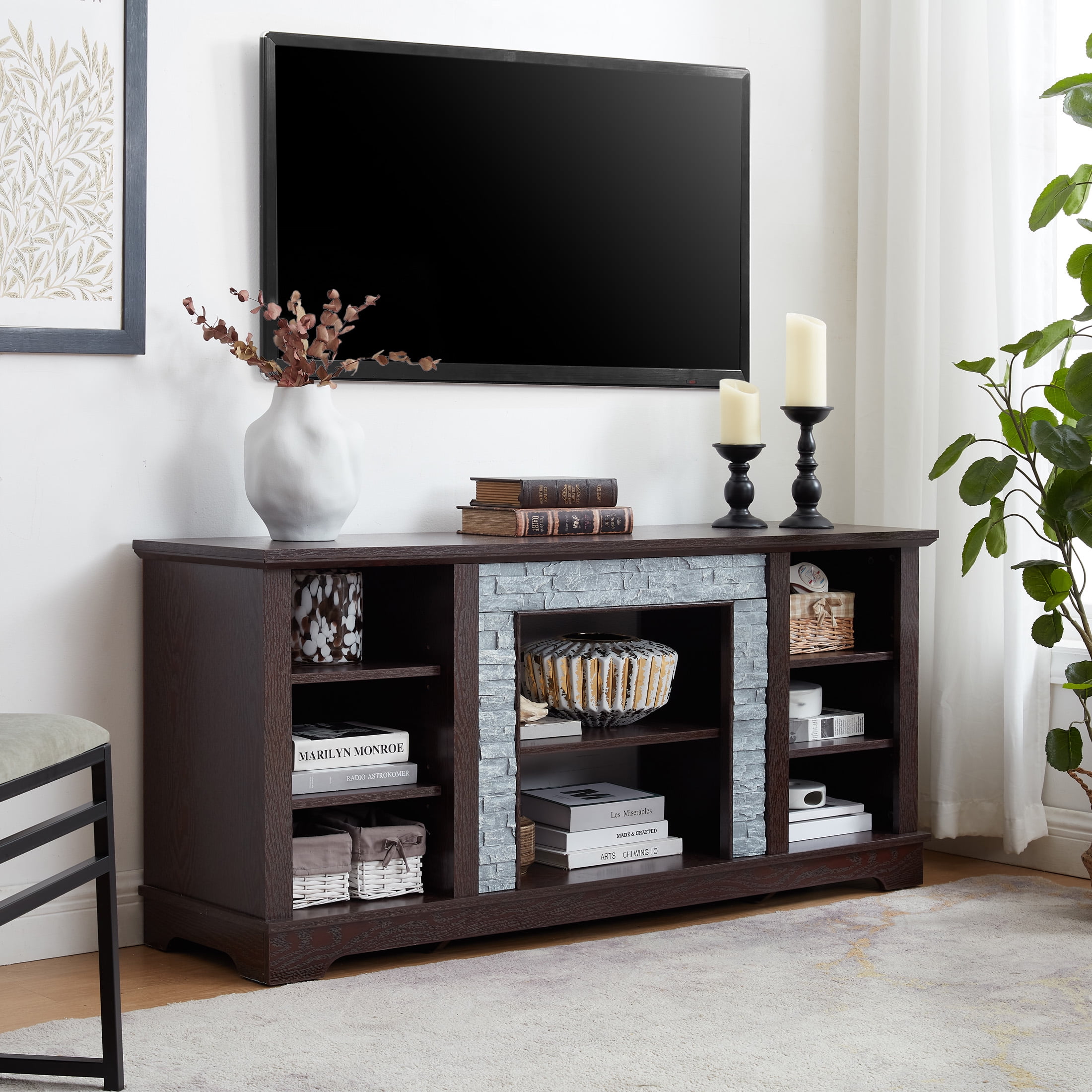 Aukfa TV Stand for TVs up to 65" with Faux Stacked Stone Surround for Living Room, Cherry