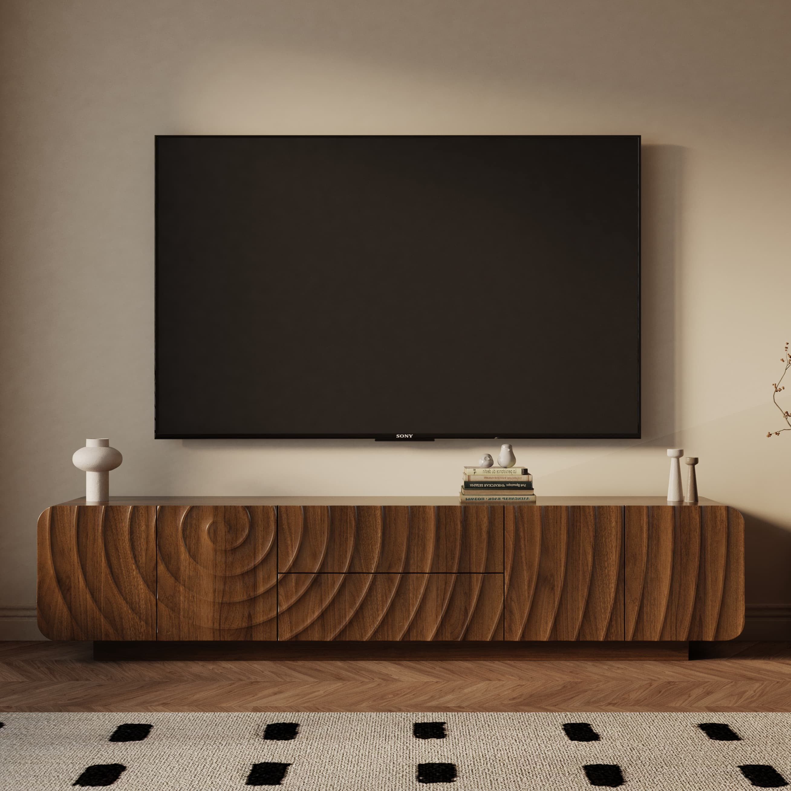 Aukfa TV Stand for TVs up to 75",Entertainment Center,3D Spiral Wave, Rounded Corners,Walnut