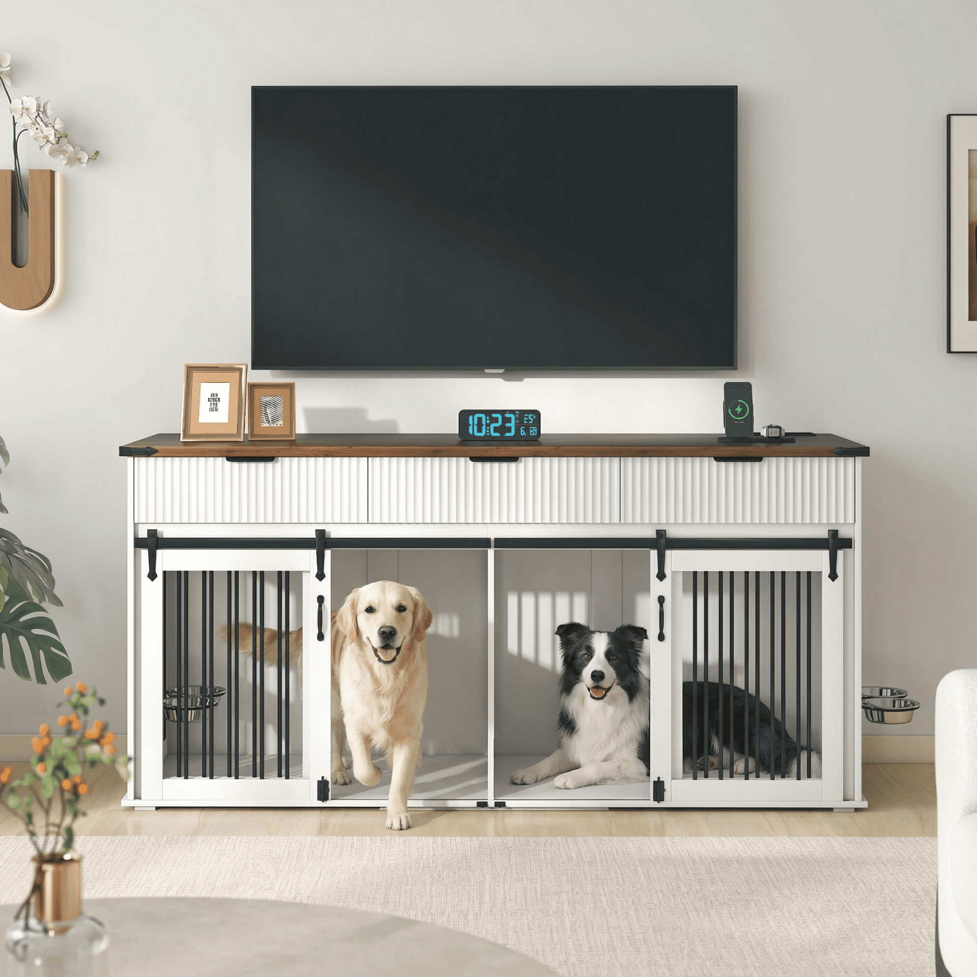 Aukfa TV Stand for TVs up to 75" with Dog Crate, Entertainment Center with Drawers, Rotating Pet Feeder & Power Strip for 1–2 Dogs,White