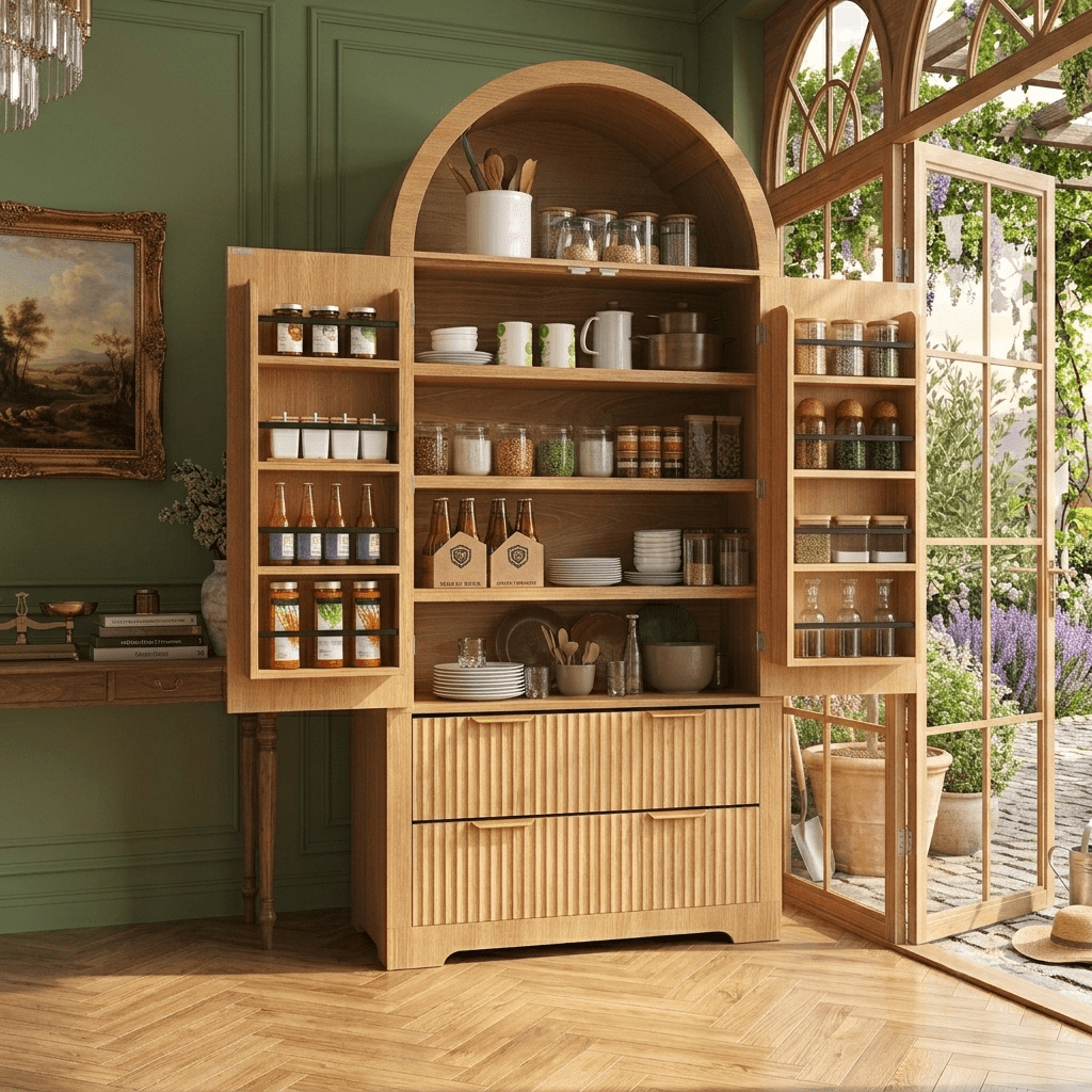 Aukfa Tall Arched Pantry Cabinet with Fluted Doors, Drawers & Adjustable Shelves for Kitchen Dining Room Storage,Natural