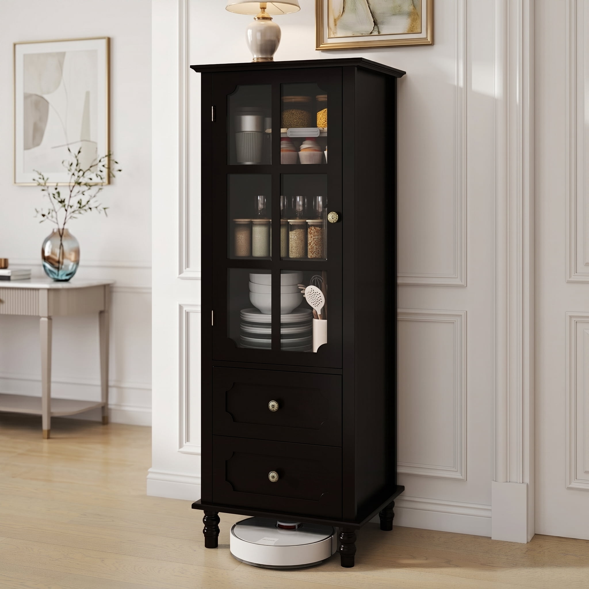 Aukfa Tall Buffet Pantry Cabinet,2 Drawers Wood Sideboard Cupboard for Dining Room Hallway Entryway,Black