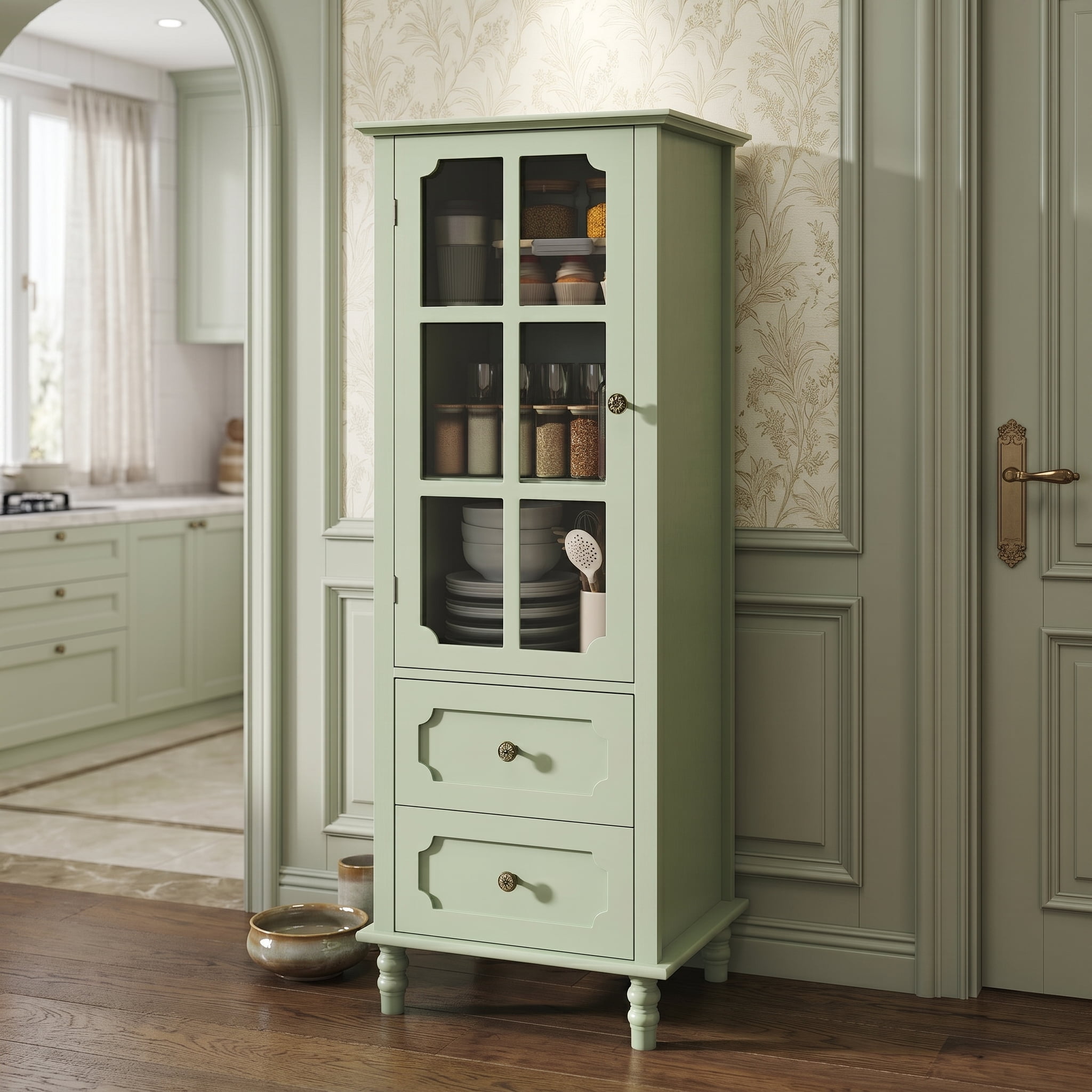 Aukfa Tall Buffet Pantry Cabinet,2 Drawers Wood Sideboard Cupboard for Dining Room Hallway Entryway,Green