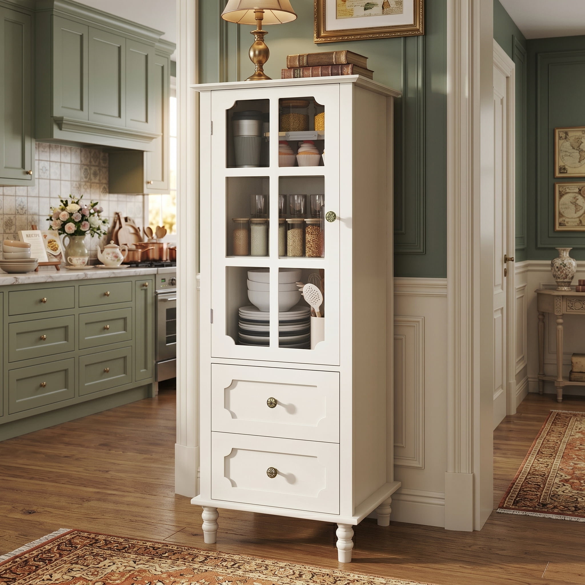 Aukfa Tall Buffet Pantry Cabinet,2 Drawers Wood Sideboard Cupboard for Dining Room Hallway Entryway,White
