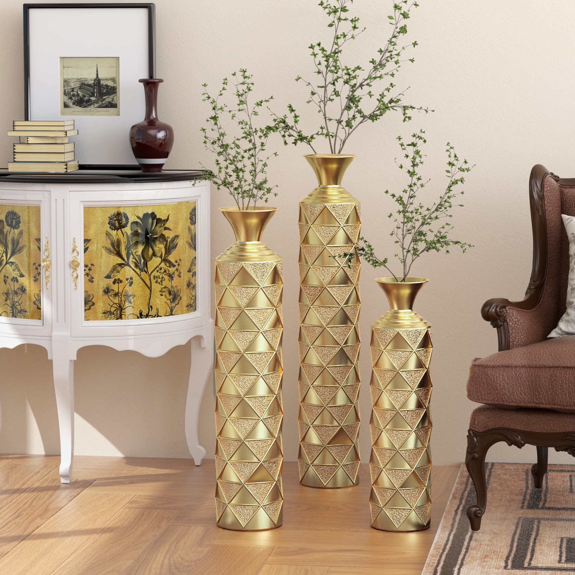 Aukfa Tall Floor Vase for Flowers,Set of 3 Large Metal Glazed Vase,24.5"/28.75"/33.5",Gold