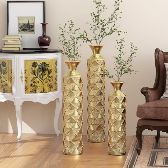 Aukfa Tall Floor Vase for Flowers,Set of 3 Large Metal Glazed Vase,24.5"/28.75"/33.5",Gold