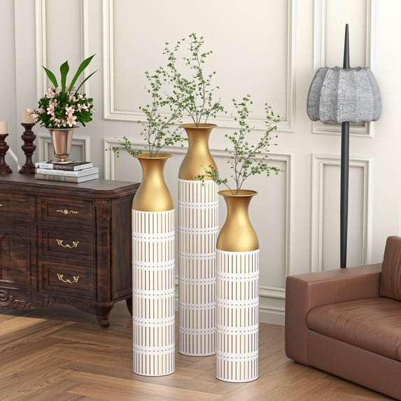 Aukfa Tall Floor Vase for Flowers,Set of 3 Large Metal Glazed Vase,24.5"/28.75"/33.5",White