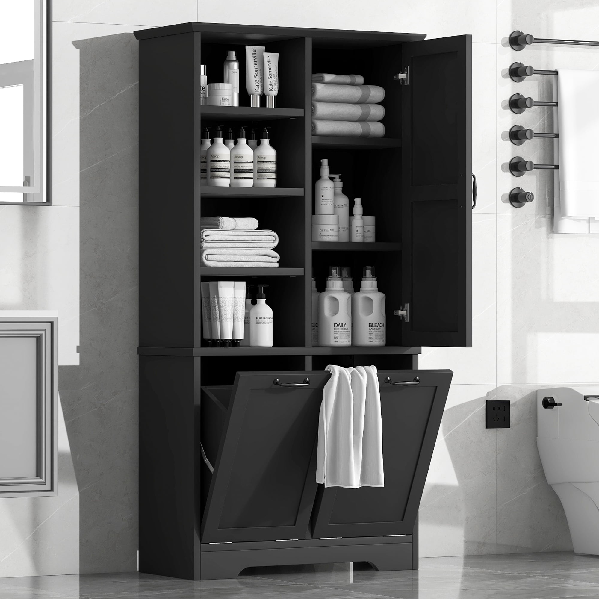 Aukfa Tall Storage Cabinet with 2 Tilt-Out Laundry Baskets,Freestanding Organizer for Bathroom, Laundry Room, Space-Saving Closet,Black