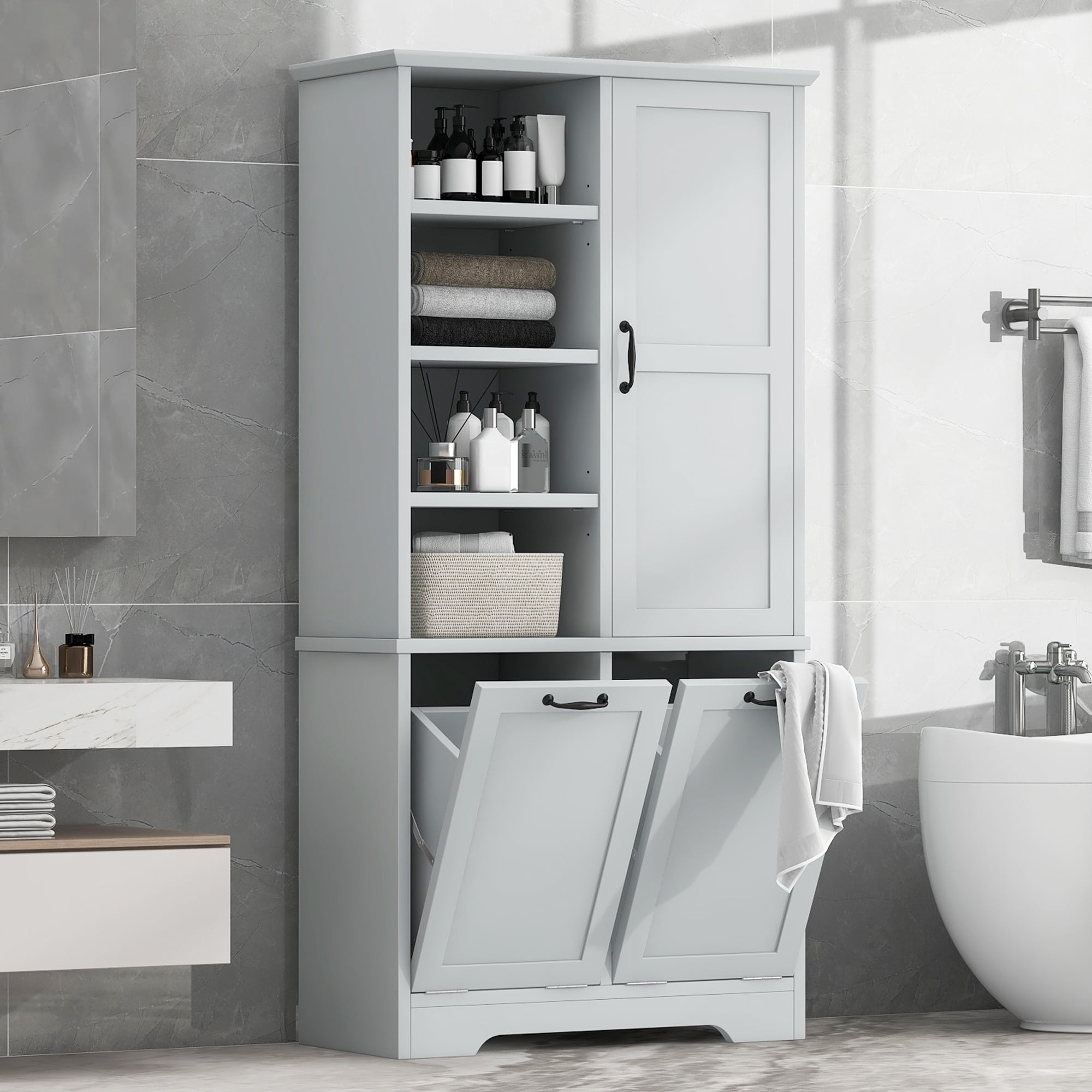 Aukfa Tall Storage Cabinet with 2 Tilt-Out Laundry Baskets,Freestanding Organizer for Bathroom, Laundry Room, Space-Saving Closet,Gray