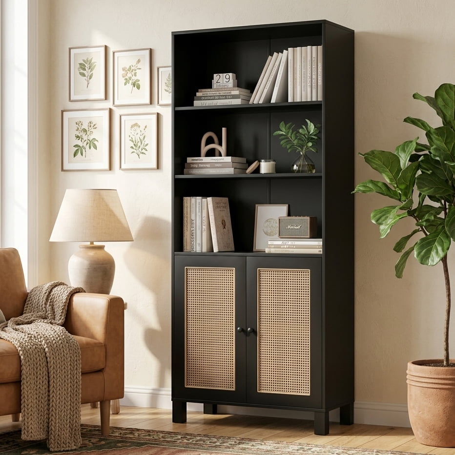 Aukfa Tall Storage Cabinet with Rattan Doors, 5-Tier Wooden Bookcase, Farmhouse Multi-Purpose Cabinet for Living Room,Black