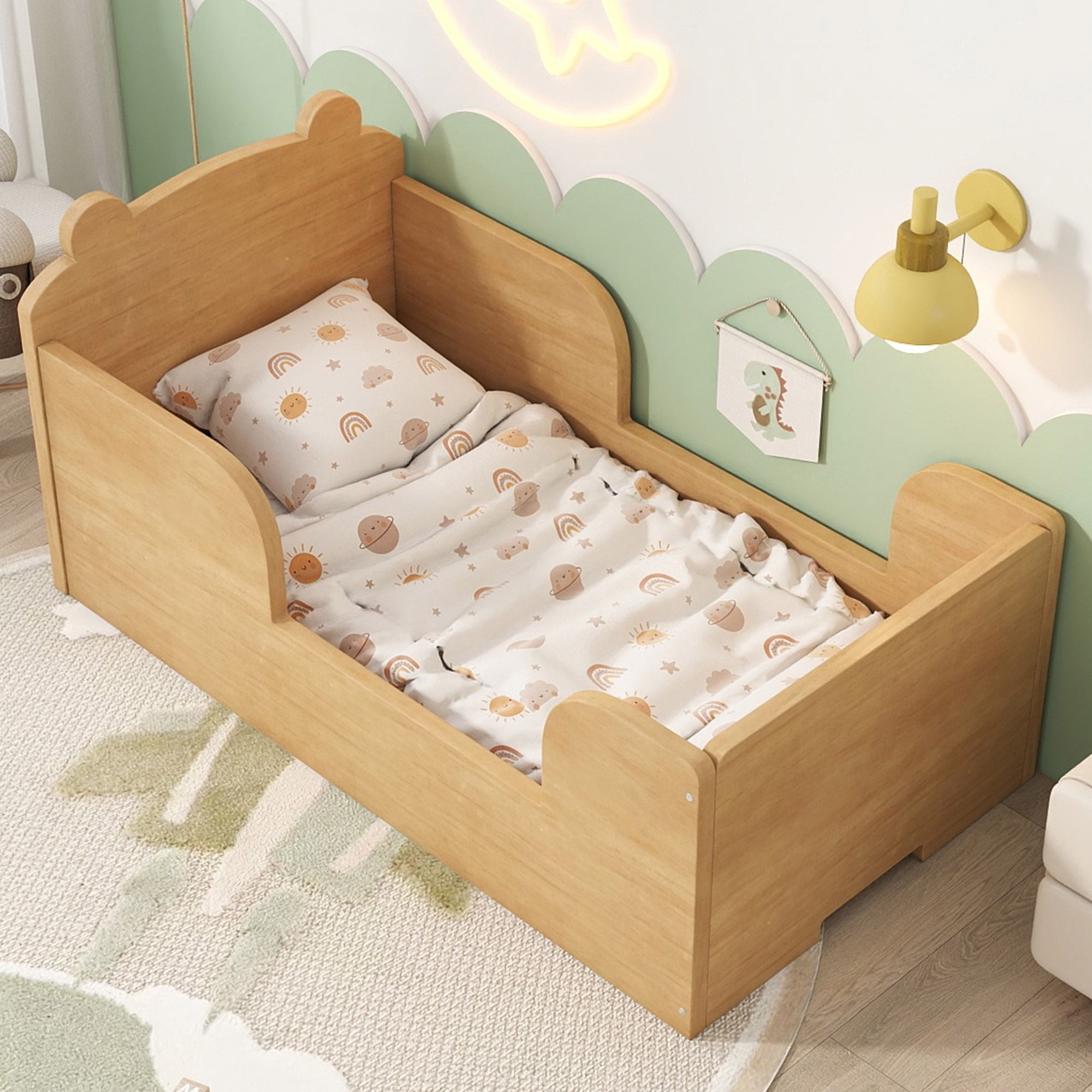 Aukfa Toddler Bed, Floor Bed Frame with Safely Rail and Bear Shape Headbroad for Kids Ages 2-6, Natural
