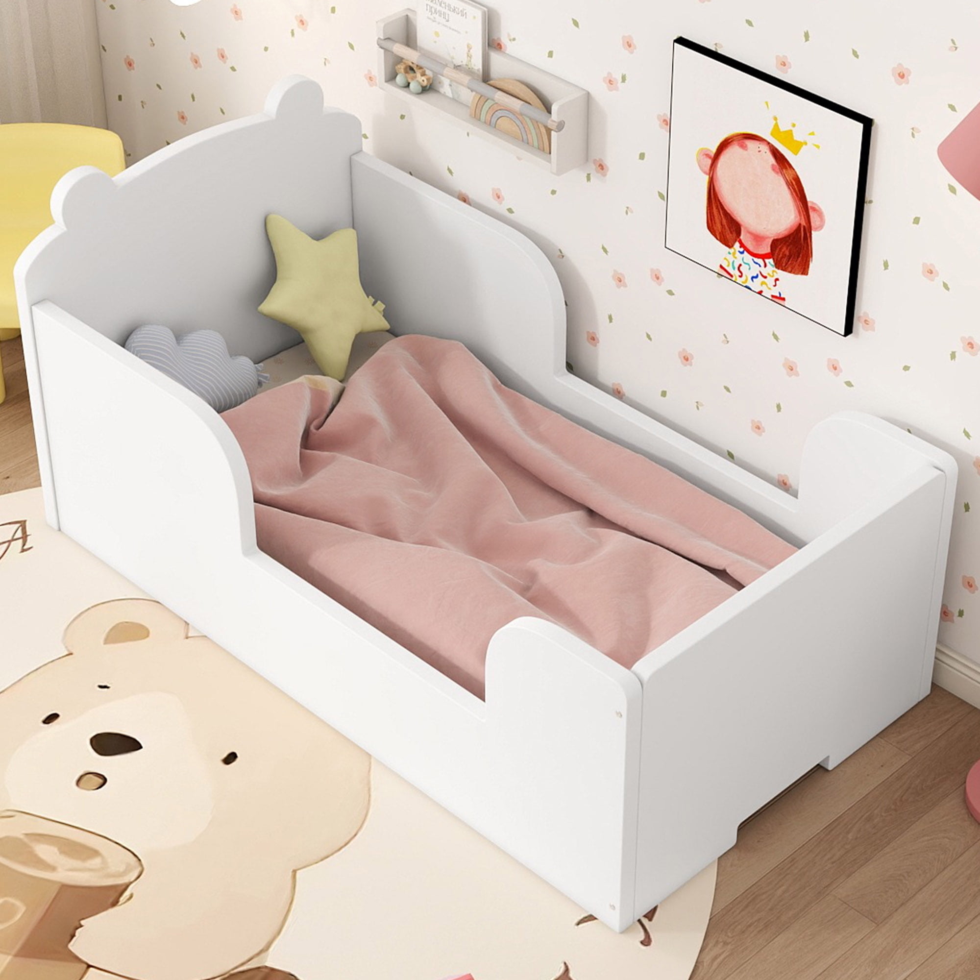 Aukfa Toddler Bed, Floor Bed Frame with Safely Rail and Bear Shape Headbroad for Kids Ages 2-6, White