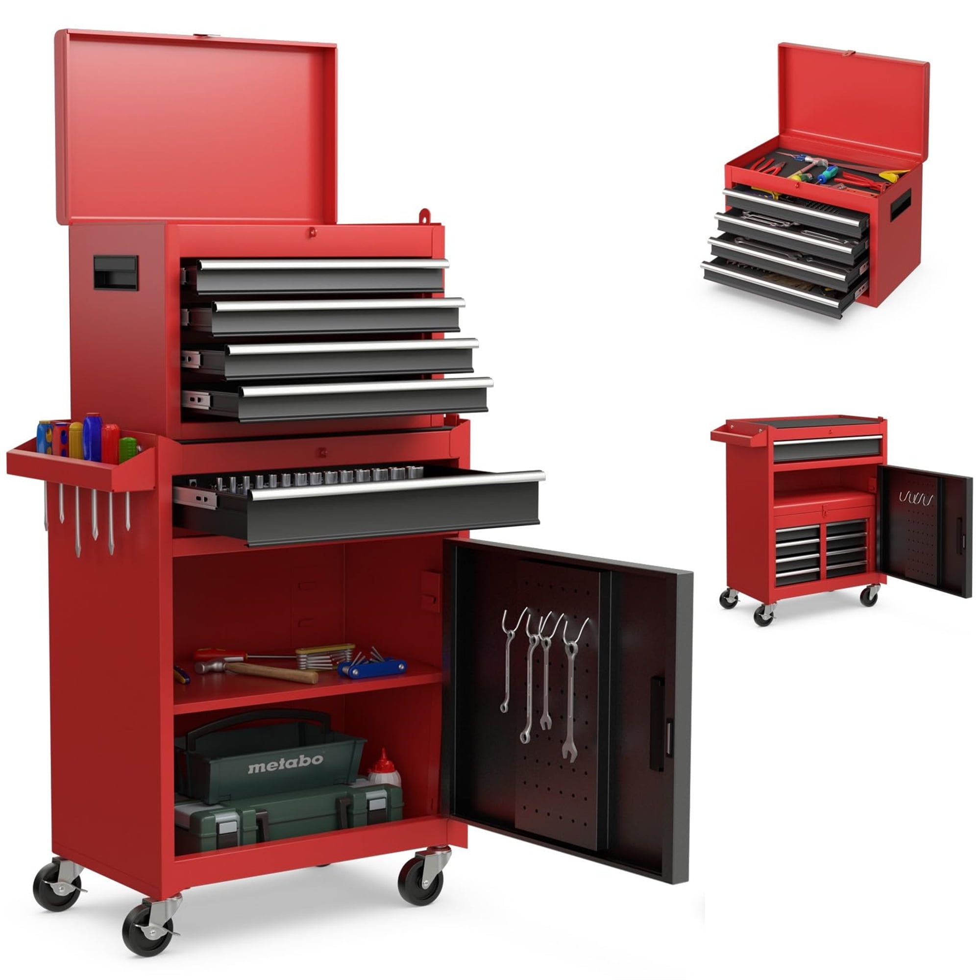 Aukfa Tool Box, 2-in-1 Rolling Tool Chest & Cabinet on Wheels for Garage Workshop, 5-Drawer, Red&Black