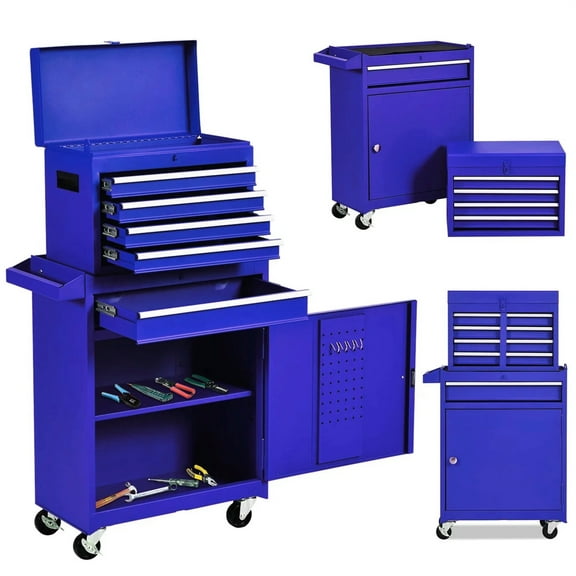 Aukfa Tool Box, 2 in 1 Steel Rolling Tool Chest & Cabinet On Wheels for Garage, 5-drawer, Blue