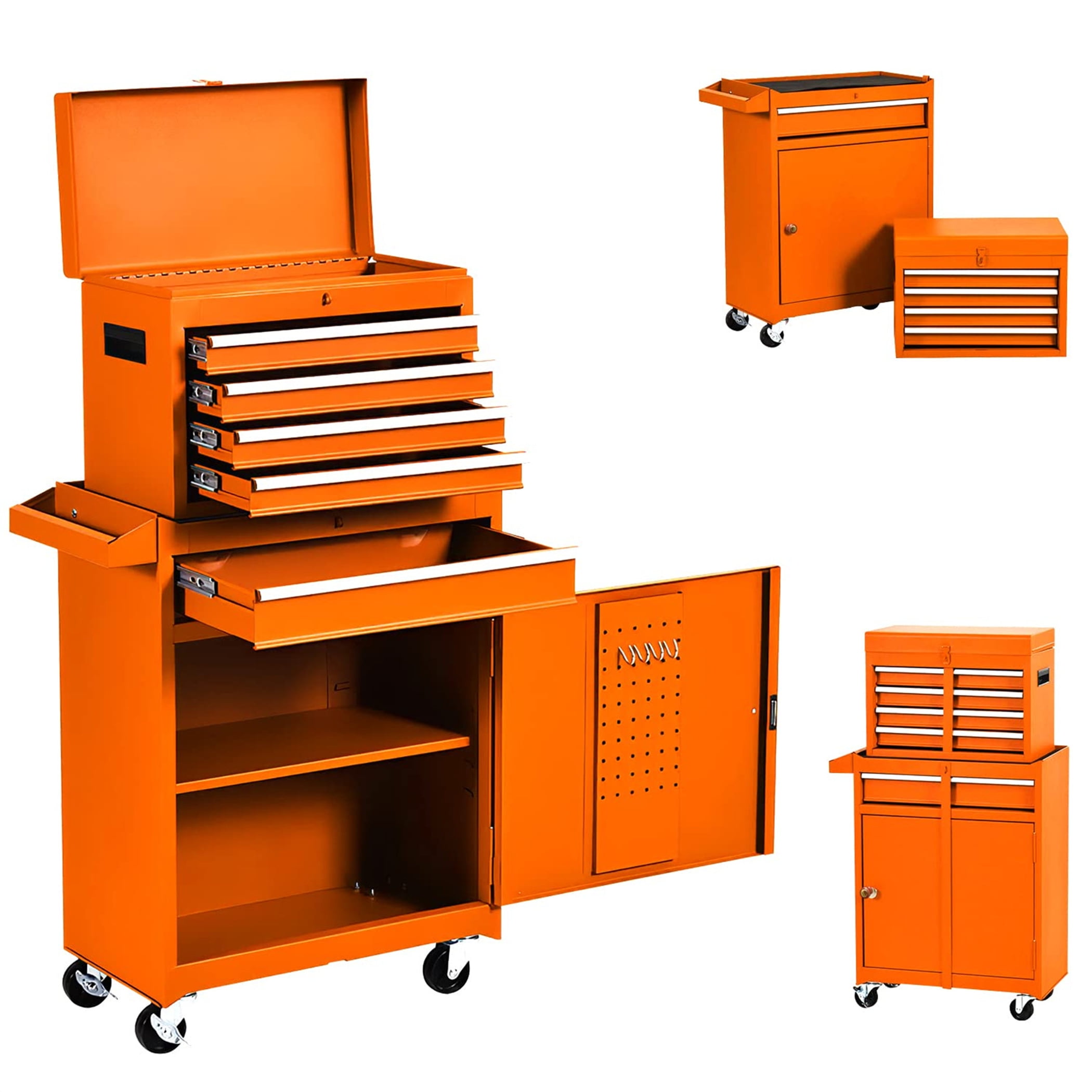 Aukfa Tool Box, 2 in 1 Steel Rolling Tool Chest & Cabinet On Wheels for Garage, 5-drawer, Orange