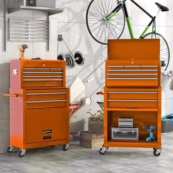 Aukfa Tool Box, 2 in 1 Steel Rolling Tool Chest & Cabinet On Wheels for Garage, 8-Drawers, Orange