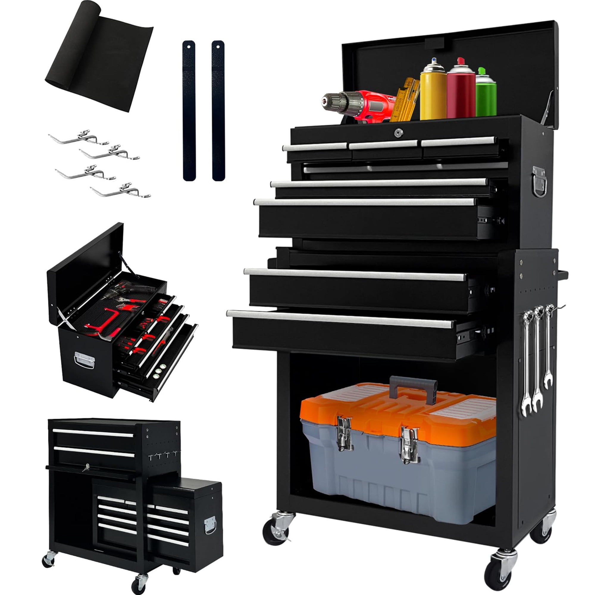Aukfa Tool Box, 2 in 1 Steel Rolling Tool Chest & Cabinet on Wheels for Garage, 8-Drawers, Black