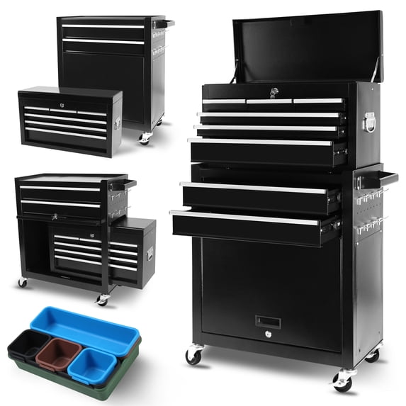 Aukfa Tool Box, 2 in 1 Steel Rolling Tool Chest & Cabinet on Wheels for Garage, 8-Drawers, Black