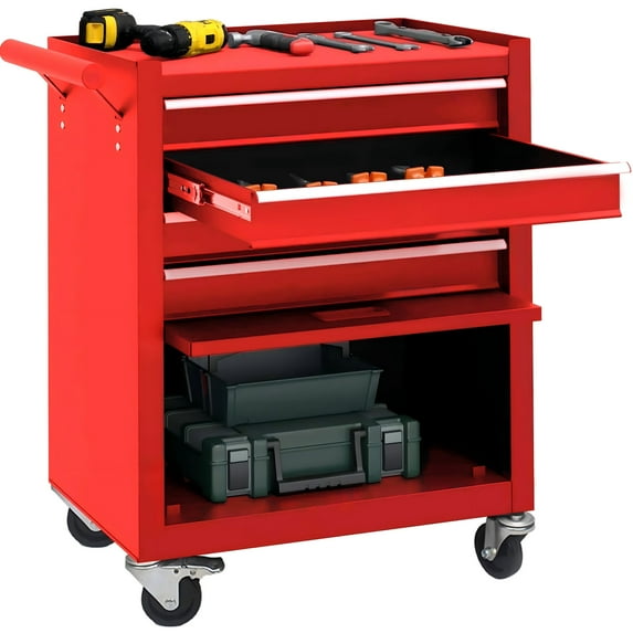 Aukfa Tool Box, 24.5 in Steel Rolling Tool Chest&Cabinet On Wheels for Garage, 4-Drawer, Red