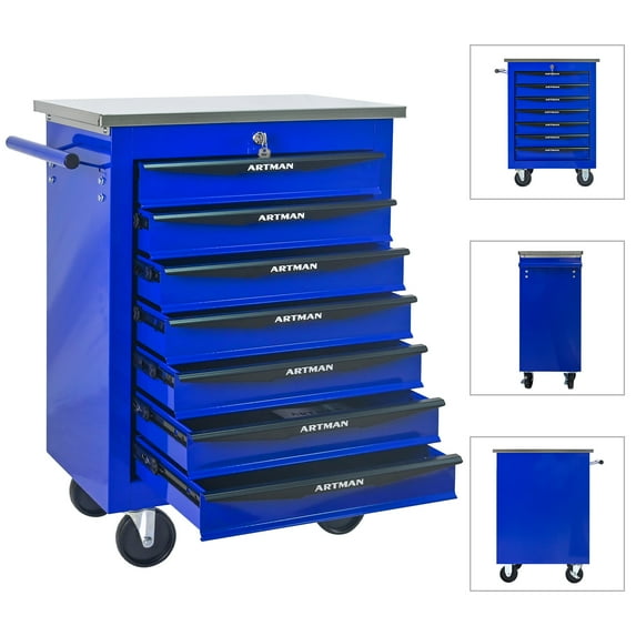 Aukfa Tool Box 7-Drawer Rolling Tool Chest Combination Workbench for Workshop Garage, Blue