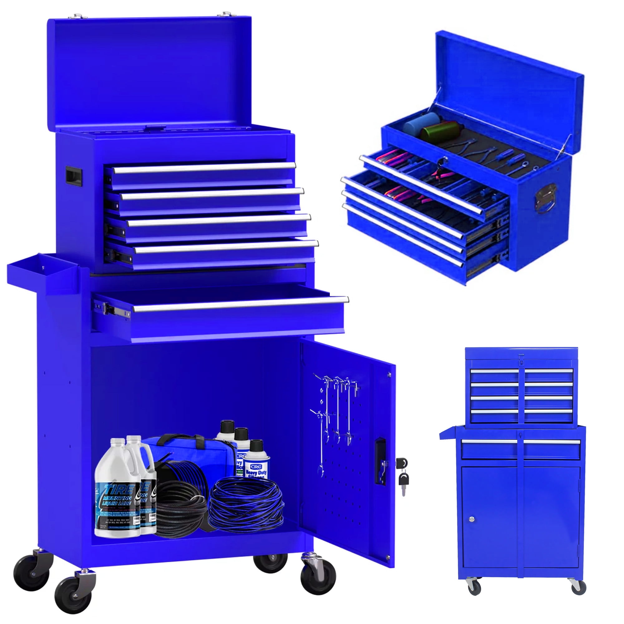 Aukfa Tool Chest, 2 in 1 Steel Rolling Tool Box & Cabinet On Wheels for Garage, 5-Drawer, Blue, Size: 22.9 inch Large x 11 inch D x 47.2 inch H