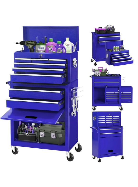 Aukfa Tool Chest, 2 in 1 Steel Rolling Tool Box & Cabinet On Wheels for Garage, 8-Drawer, Blue