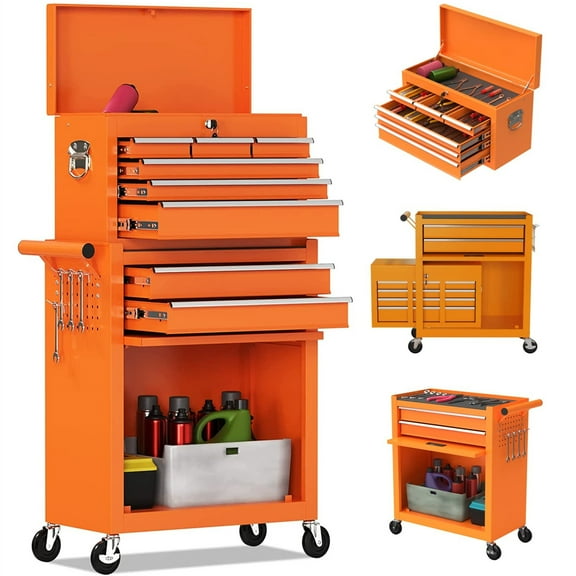 Aukfa Tool Chest, 2 in 1 Steel Rolling Tool Box & Cabinet On Wheels for Garage, 8-Drawer, Orange