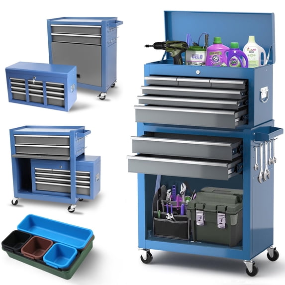 Aukfa Tool Chest, 2 in 1 Steel Rolling Tool Box & Cabinet on Wheels for Garage, 8-Drawers, Blue&Gray